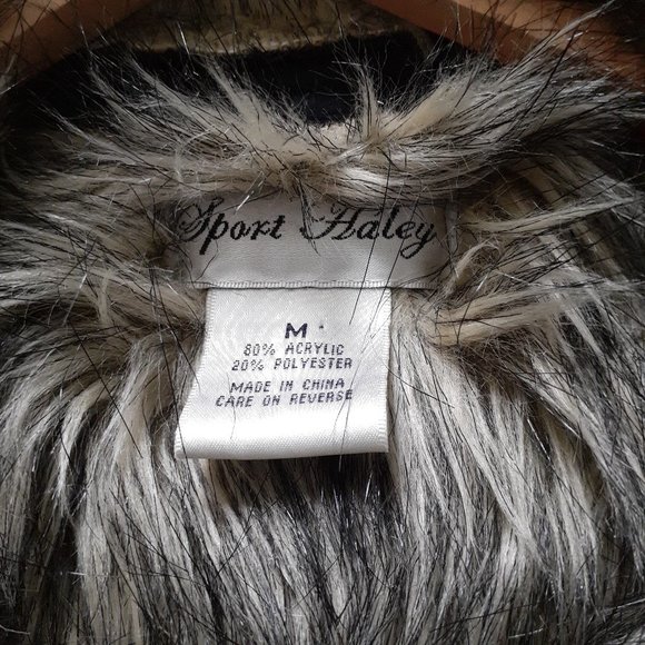 Sport Haley Blue Faux Fur Hook Front Vest Brown Faux Fur Trim Pockets Size M - Picture 3 of 11